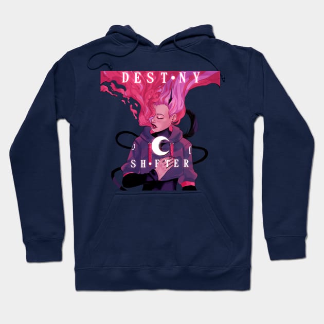 Navy blue hoodie with vibrant graphic design, featuring "Destiny Shifter" text, ideal for casual wear.