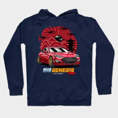 Navy blue hoodie with red car graphic design, featuring mountains and pagoda. Perfect for casual wear. Cotton blend.