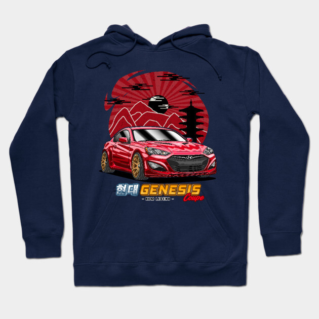 Navy blue hoodie with red car graphic design, featuring mountains and pagoda. Perfect for casual wear. Cotton blend.