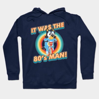 Navy blue retro hoodie with colorful 80s graphics, featuring a cycling cartoon character. Perfect for casual wear.