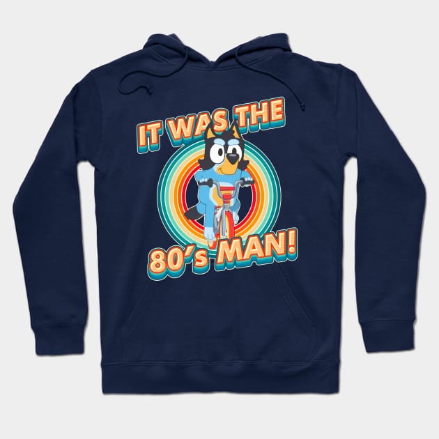 Navy blue retro hoodie with colorful 80s graphics, featuring a cycling cartoon character. Perfect for casual wear.