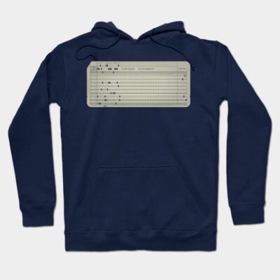 Navy blue hoodie with vintage punch card design, comfortable cotton material, perfect for casual wear.