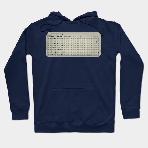 Navy blue hoodie with vintage punch card design, comfortable cotton material, perfect for casual wear.