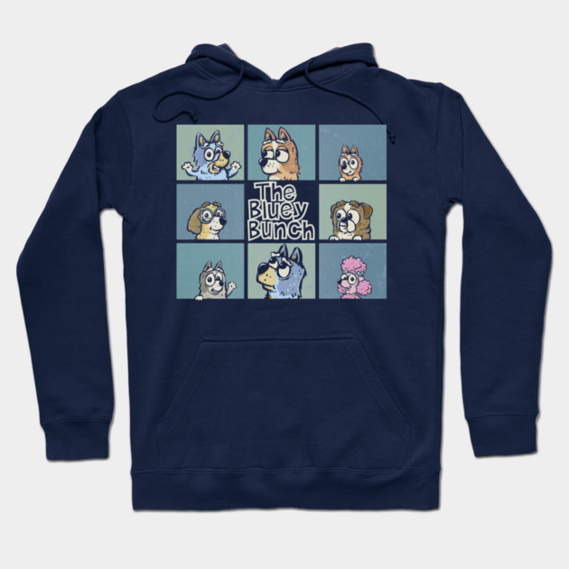 Navy blue hoodie featuring "The Bluey Bunch" cartoon design, casual style, soft cotton material, perfect for everyday wear.