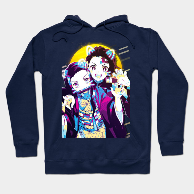 Navy blue anime hoodie featuring vibrant character design, perfect for casual wear and anime enthusiasts.