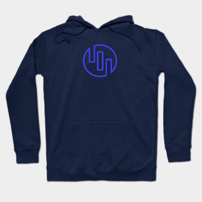 Navy blue hoodie with minimalist geometric logo, front pocket, and drawstring hood, perfect for casual wear.