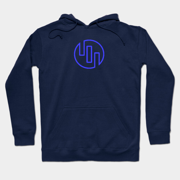 Navy blue hoodie with minimalist geometric logo, front pocket, and drawstring hood, perfect for casual wear.