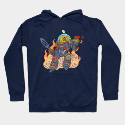 Navy blue hoodie with colorful cartoon warrior design, featuring flames and a futuristic theme. Perfect for casual wear.