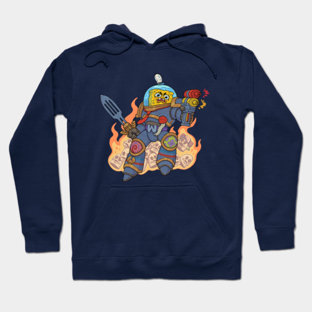 Navy blue hoodie with colorful cartoon warrior design, featuring flames and a futuristic theme. Perfect for casual wear.