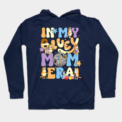 Navy blue hoodie with colorful playful graphic design, perfect for casual wear and cozy comfort.