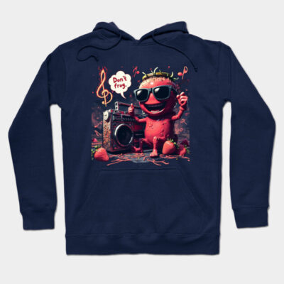 Navy hoodie with playful strawberry character, "Don't Frog" text, boombox design, casual wear, cotton blend.