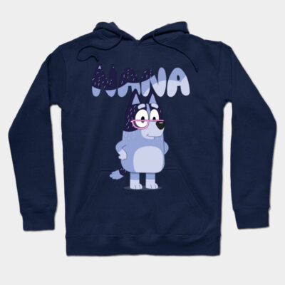 Navy blue hoodie with playful cartoon dog design and "Nana" text, perfect for casual wear and comfort.