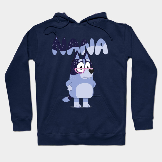 Navy blue hoodie with playful cartoon dog design and "Nana" text, perfect for casual wear and comfort.