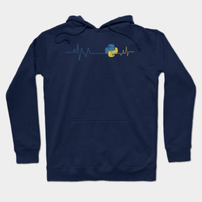 Navy blue hoodie with tech-themed graphic, featuring heartbeat line design, ideal for casual wear and tech enthusiasts.