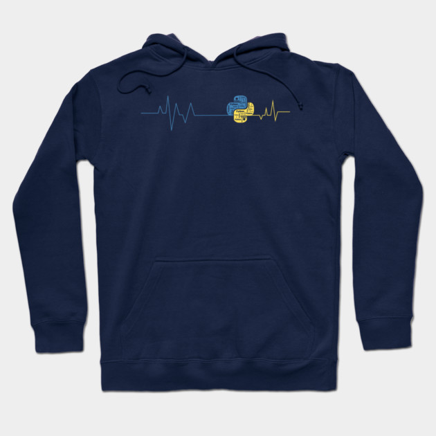 Navy blue hoodie with tech-themed graphic, featuring heartbeat line design, ideal for casual wear and tech enthusiasts.