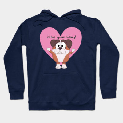 Navy blue hoodie with cute dog graphic and "I'll be your baby" text, featuring a pink heart design, cozy casual wear.