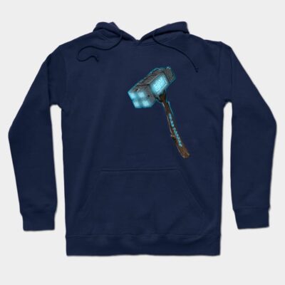 Navy blue hoodie with graphic hammer design, casual style, cotton blend, perfect for everyday wear.