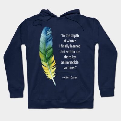 Navy blue hoodie with colorful feather and inspirational quote print, casual wear, cotton blend, unisex design.