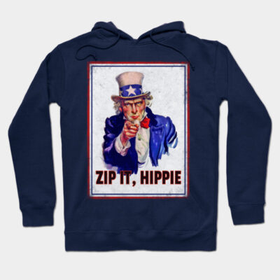 Navy blue hoodie with retro graphic design, featuring "Zip It, Hippie" text. Cozy casual wear, cotton blend.