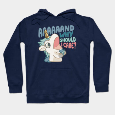 Navy blue hoodie with cartoon unicorn and text graphic, cozy casual wear, cotton blend, unisex style.