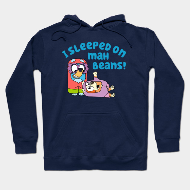 Navy blue hoodie with playful cartoon design and "I Sleeped on Mah Beans" text, ideal for casual wear.