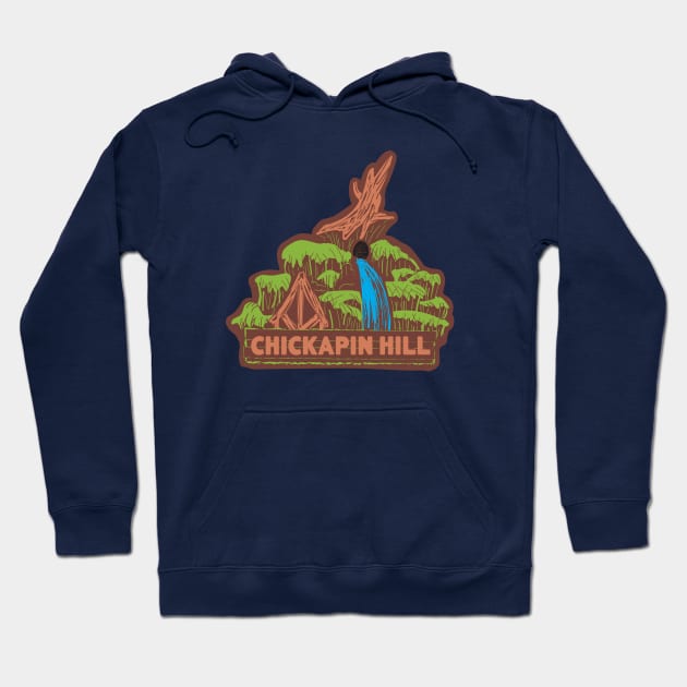 Navy blue hoodie with "Chickapin Hill" graphic, featuring trees and waterfall. Cozy and stylish for casual wear.