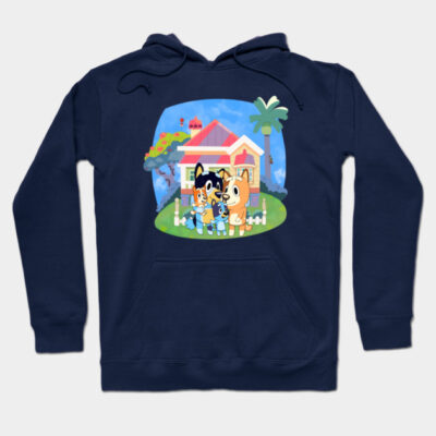 Navy blue hoodie with colorful cartoon house and animals print, casual style, cozy cotton blend material.