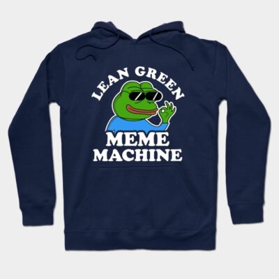 Navy blue hoodie with "Lean Green Meme Machine" graphic, featuring a cartoon frog. Casual wear, cotton blend.