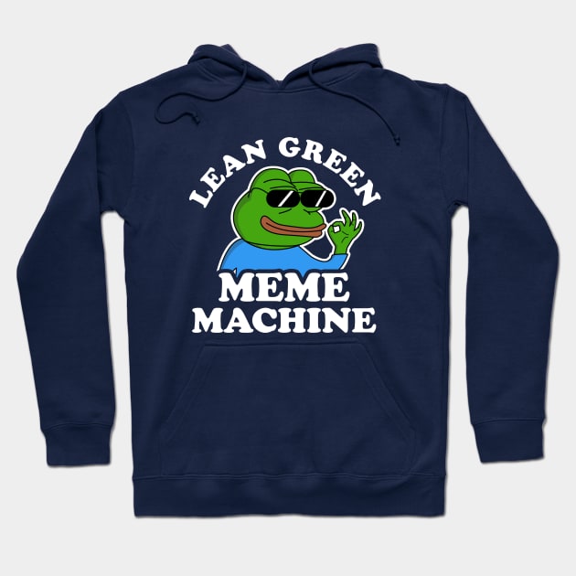 Navy blue hoodie with "Lean Green Meme Machine" graphic, featuring a cartoon frog. Casual wear, cotton blend.