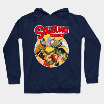Navy Startling Comics graphic hoodie, vintage style, cotton blend, unisex casual wear.