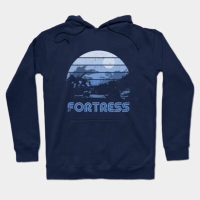 Navy blue hoodie with retro moon graphic, "Fortress" text, cozy cotton blend, casual wear, unisex style.