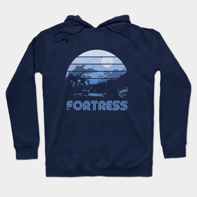 Navy blue hoodie with retro moon graphic, "Fortress" text, cozy cotton blend, casual wear, unisex style.