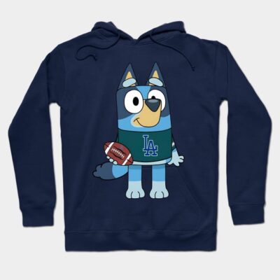 Navy blue hoodie with cartoon dog design, featuring football and LA logo. Cozy casual wear for fans and kids.