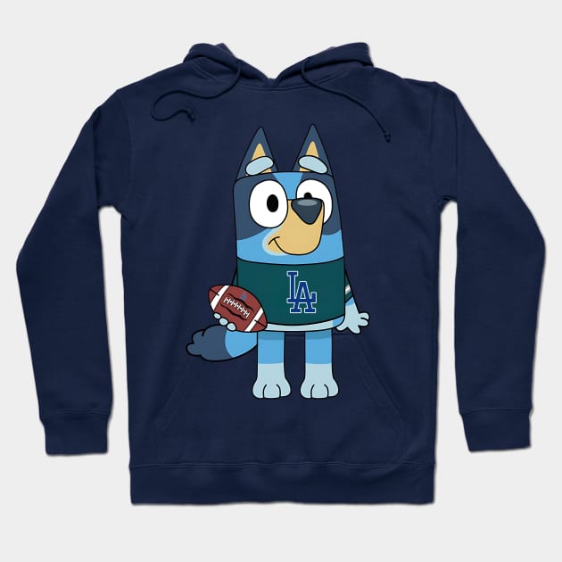 Navy blue hoodie with cartoon dog design, featuring football and LA logo. Cozy casual wear for fans and kids.