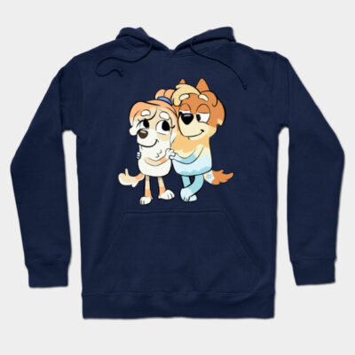 Navy blue hoodie featuring cartoon dogs in colorful outfits, cozy style, perfect for casual wear.
