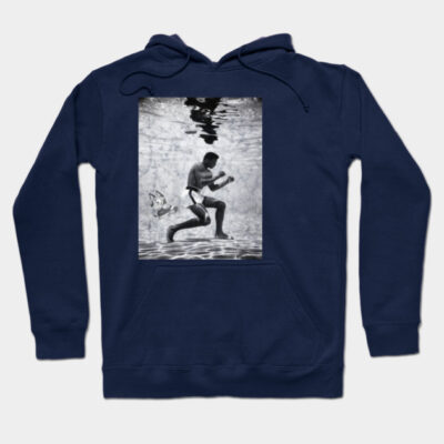 Navy blue hoodie featuring artistic underwater boxing design, perfect for casual wear, soft cotton blend material.
