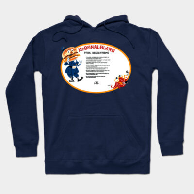 Navy blue hoodie with vintage cartoon print, front pocket, drawstring hood, casual wear, cotton blend.