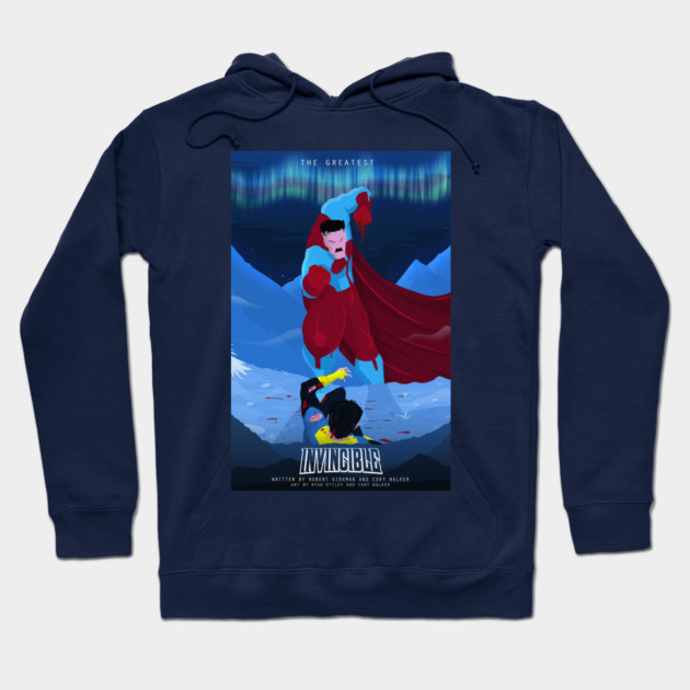 Navy blue hoodie with superhero graphic, featuring vibrant red and blue colors, ideal for casual wear or gifting.