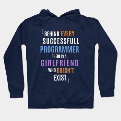 Navy blue hoodie with humorous programmer quote, cotton blend, casual wear for tech enthusiasts.