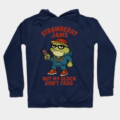 Navy blue hoodie with frog graphic and text, featuring humorous design. Casual streetwear style for everyday use.