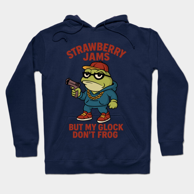 Navy blue hoodie with frog graphic and text, featuring humorous design. Casual streetwear style for everyday use.