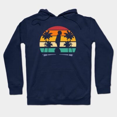 Navy blue hoodie with retro sunset and palm tree design, casual wear, soft cotton material, unisex style.