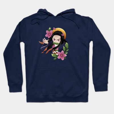Navy blue hoodie with anime character and floral design, cotton blend, casual wear, unisex style.