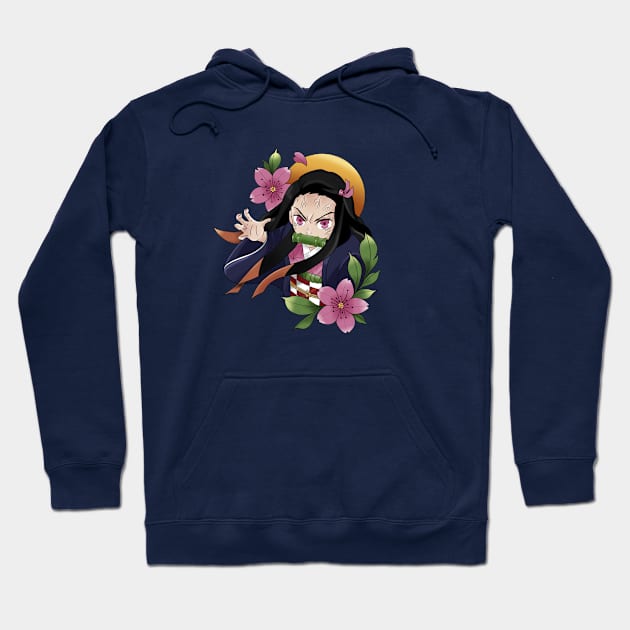 Navy blue hoodie with anime character and floral design, cotton blend, casual wear, unisex style.