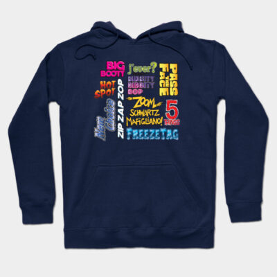 Navy blue hoodie with colorful text design, casual style, cotton material, perfect for everyday wear.
