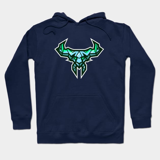Crystalline Hunllef Mascot Hoodie 1 Navy blue hoodie with geometric bull design, casual wear, soft cotton blend, perfect for everyday comfort and style.