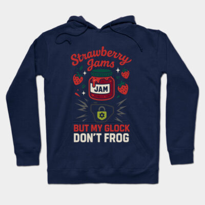 Navy blue hoodie with "Strawberry Jams" graphic, playful text, casual style, ideal for everyday wear.