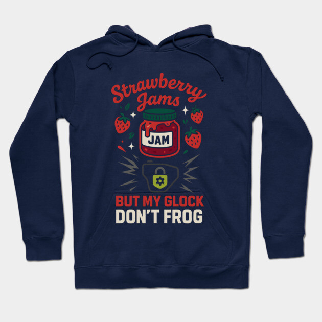 Navy blue hoodie with "Strawberry Jams" graphic, playful text, casual style, ideal for everyday wear.