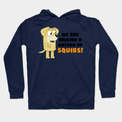 Navy blue hoodie with cartoon dog graphic and "We Are Raising a Nation of Squibs" text, casual style, unisex.