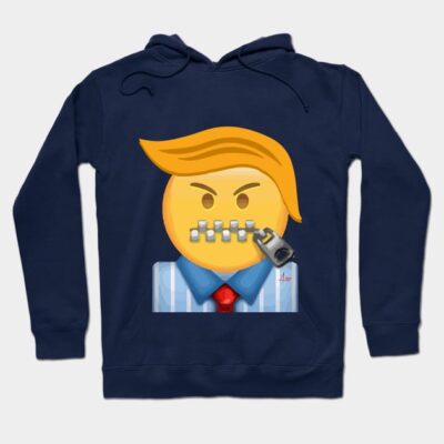 Navy blue graphic hoodie with emoji design, featuring zippered mouth and blue shirt. Casual style, cotton material.
